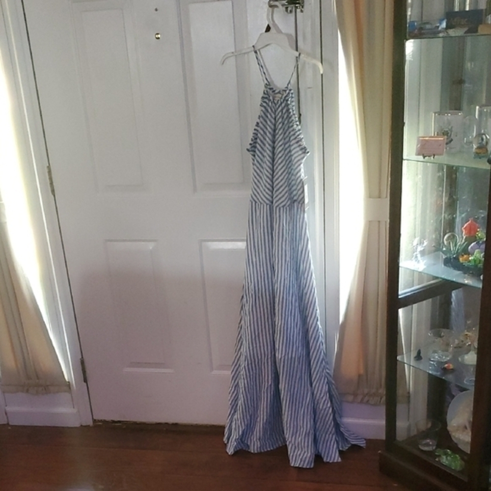 Blue and White Striped Halter Maxi Dress